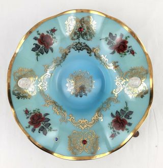 Vintage Murano Italy Blue Green Art Glass Bowl Dish Lg Roses Cameo Gold Mcm 14”