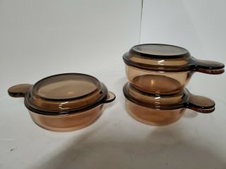 3 Vintage Corning Vision Pyrex Amber Grab - It Bowls,  Lids,  2 V - 150 - B,  1 V - 240 - B
