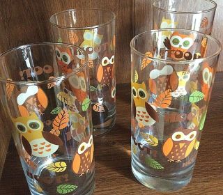 4 Vintage Retro Drinking Glasses Owls Fox Squirrel Hoot Mcm Collectible 1970s