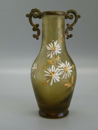 Antique Bohemian Czech Art Glass Hand Painted Enameled Vase W/bronze Handles
