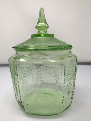 Vintage Green Vaseline Princess Depression Glass Biscuit Cookie Jar With Lid