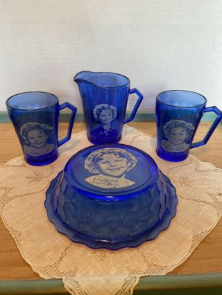 Vintage Hazel Atlas Shirley Temple Cobalt Blue Glass Bowl,  Pitcher & 2 Cups Set