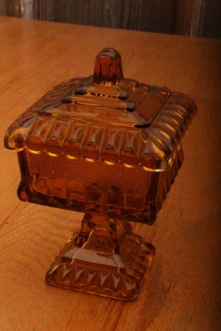 Vintage Amber Glass Square Compote Candy Dish