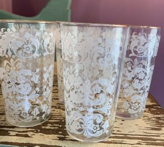Set Of 7 Vintage Libbey White Raised Floral Embossed Gold Rim Glasses Tumblers