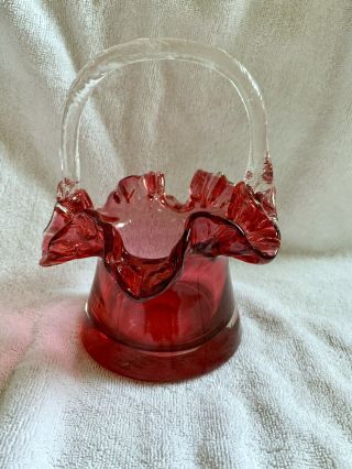 Vintage Pre Logo Cranberry Glass Basket Twisted Applied Handle 8”