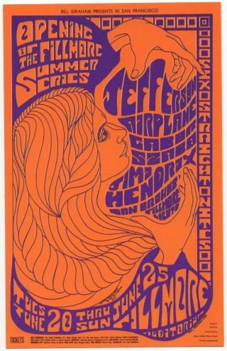 Vintage 1967 Jimi Hendrix Jefferson Airplane Fillmore Concert Postcard Bg69