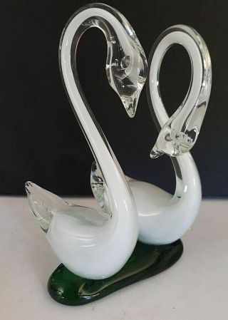 White Blown Glass Swans On Green Base 8 " Figurine Collectible Birds Vtg