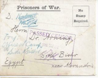 1918 German East Africa India Wwi Prisoner Of War Pow Censored Cover To Egypt