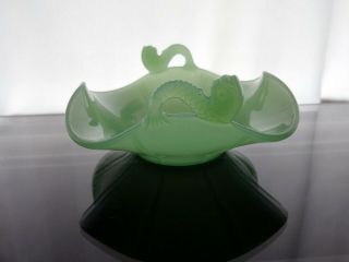 Vintage Fenton Jade Green Glass Jadeite Dolphin Handled Scalloped Rim Candy Dish