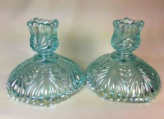 Fenton Turquoise Green Iridescent Glass Candlestick Candle Holders Set Of 2