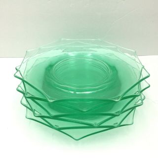 Vintage Green Vaseline Depression Glass Set Of 6 Octagon Etched Plates 8.  5 "