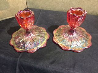 Vintage Imperial Glass Red Carnival Tree Of Life Amberina Candle Holders