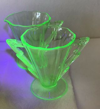 Cambridge Decagon Lightning Bolt Handled Creamer & Sugar Uranium Vaseline Glass