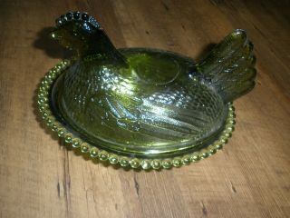 Vintage Indiana Bright Green Glass Hen Chicken On Nest Candy Dish 7 " Long
