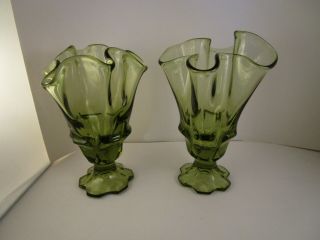 Vintage Fenton Valencia Colonial Avocado Green Glass Handkerchief Vases