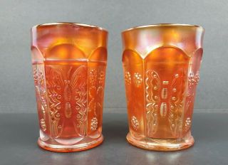 Set Of 2 Fenton Butterfly & Berry Marigold Carnival Glass Tumblers Euc