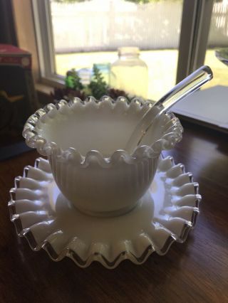 Silvercrest Fenton Glass White Crimped Edge Mayonnaise Bowl Under Plate Spoon