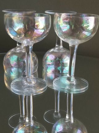 Set Of Four Vintage Clear Iridescent Carnival Glasses Champagne Stem Oil Slick