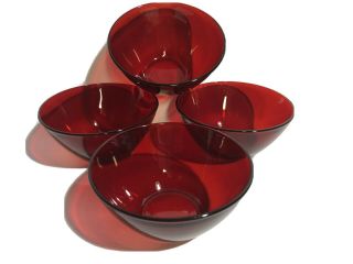 4 Pc Set Arcoroc Glass France Ruby Red Berry Dessert Bowls 5” Vintage