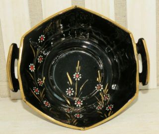 Vintage L.  E Smith Black Glass Bowl Hand Painted Flowers