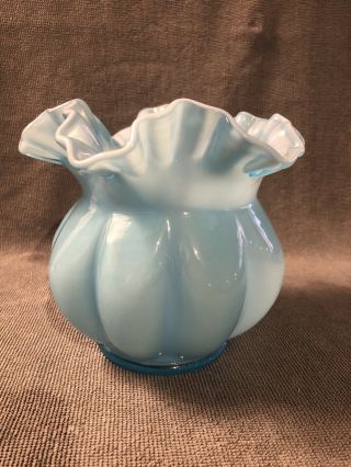 Vintage Fenton Turquoise Blue Milk Glass Ball Ruffle Edge Vase
