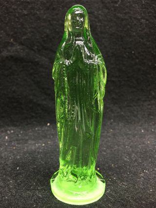 Green Vaseline Glass Madonna Doll Figurine Uranium Catholic Religious Yellow Art