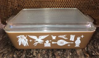 Vintage Pyrex Brown Americana Casserole Baking Dish 0503 1.  5 Qt.  W/ Ribbed Lid