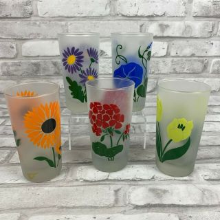 Vintage Libbey Mid Century Modern Frosted Painted Flower Glasses Set Of 5