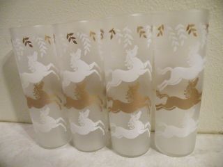 4 Vintage Libbey 7 " Tall Frosted Tumblers Glasses Gold & White Horses Mcm