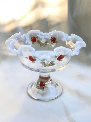 Vintage Fenton Art Glass Strawberry Hand Painted Signed J.  Stevens Vase Bowl Wow