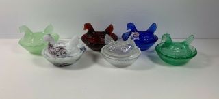 6 Miniature Glass Hen On Nest Cobalt Vaseline Slag Red Clear