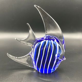 Hand Blown Art Glass Angel Fish Paperweight Cobolt Blue White Stripes 6.  5 " Tall
