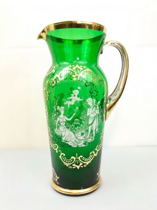 Victorian Bohemian Emerald Green Glass Vase W/ Gold Gilding A Couple & Cherub