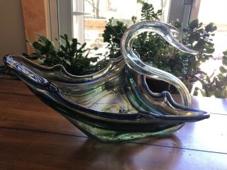 Vtg Mid Century Large Hand Blown Swirl Art Glass Swan Candy Bowl Murano Italy