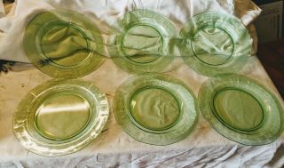 Vintage Green Depression Glass Uranium Vaseline Set Of 6 Plates 9 " Inch Round