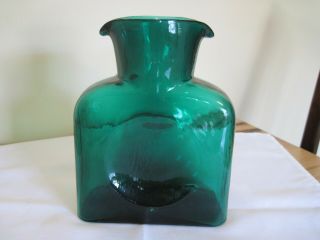 Vintage Blenko Glass Emerald Green Double Spout 8 " Pitcher Carafe