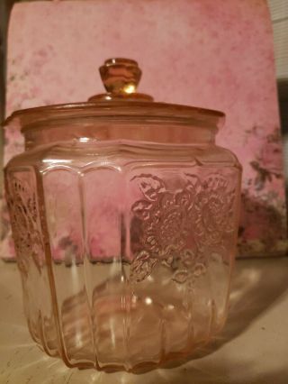 Vintage Anchor Hocking Mayfair Open Rose Pink Depression Glass Cookie Jar.