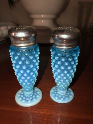 Antique Fenton Blue Hobnail Glass Salt & Pepper Shaker Set / Stainless Tops