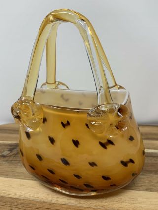 Vintage Hand Blown Amber Art Glass Purse Vase - Handbag - Planter Amber L@@k