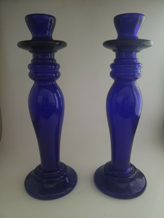 Pair Vintage Tall Cobalt Blue Pressed Glass Candlesticks 10.  5 " High
