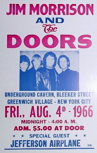 Jim Morrison & The Doors Concert Poster - 1966 W/ Jefferson Airplane - 13 " X22 "