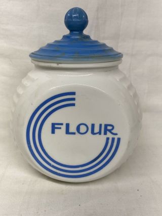 Art Deco Anchor Hocking Vitrock Blue White Flour Canister With Lid