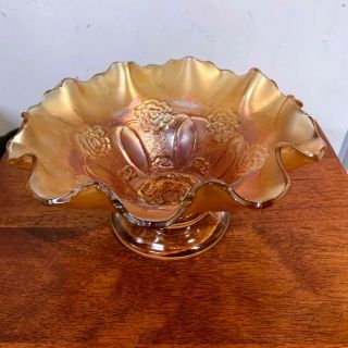 Vintage Dugan Glass Marigold Carnival Glass Double Stem Rose Footed Ruffled Bowl