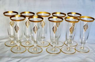 10 Vintage Fluted Crystal 6” Wine/sherry/champagne Glasses Embossed Gold Rim
