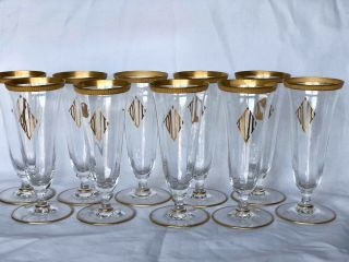 10 Vintage Fluted Crystal 6” Wine/Sherry/Champagne Glasses Embossed Gold Rim 2