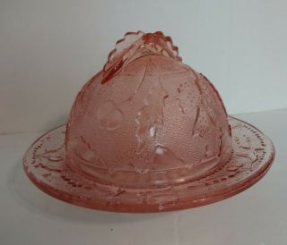 Vintage Pink Depression Glass Covered Butter Cheese Dish Floral Leaf Finial Rare