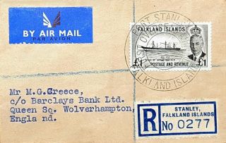 1952 Falkland Is Kgvi £1 Reg.  Airmail Cover To England