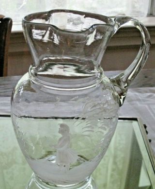 Antique Mary Gregory Enamel On Clear Crystal Pitcher Child W/twig Scalloped Rim