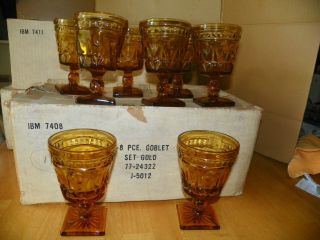 (8) Vintage Colony Park Lane Amber / Gold Glass Goblet 5 1/4 " W/box