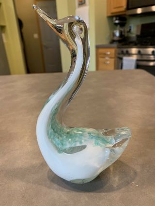 Vtg Murano Glass Duck Swan Bird Paperweight Figurine Clear Sommerso White Green